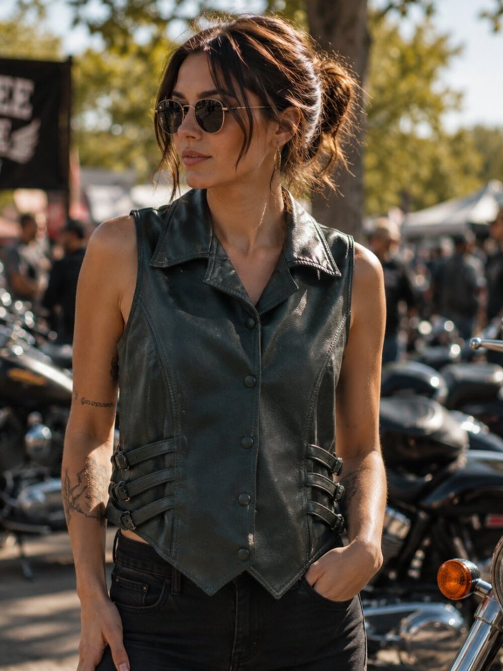 Leather Made in Greece Moto Vest Dark Green Buckle Detail Edgy Y2K Large